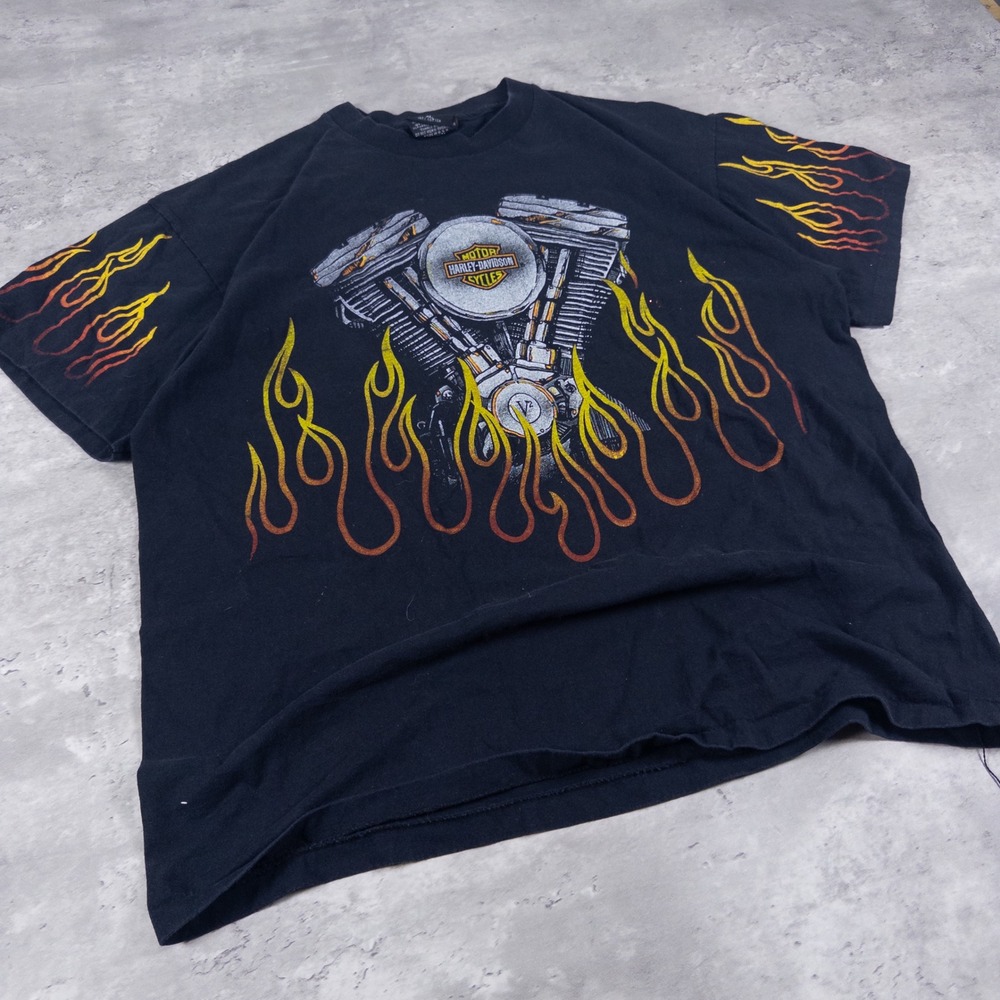 y2k harley davidson t-shirt boxy flame engine mens xl